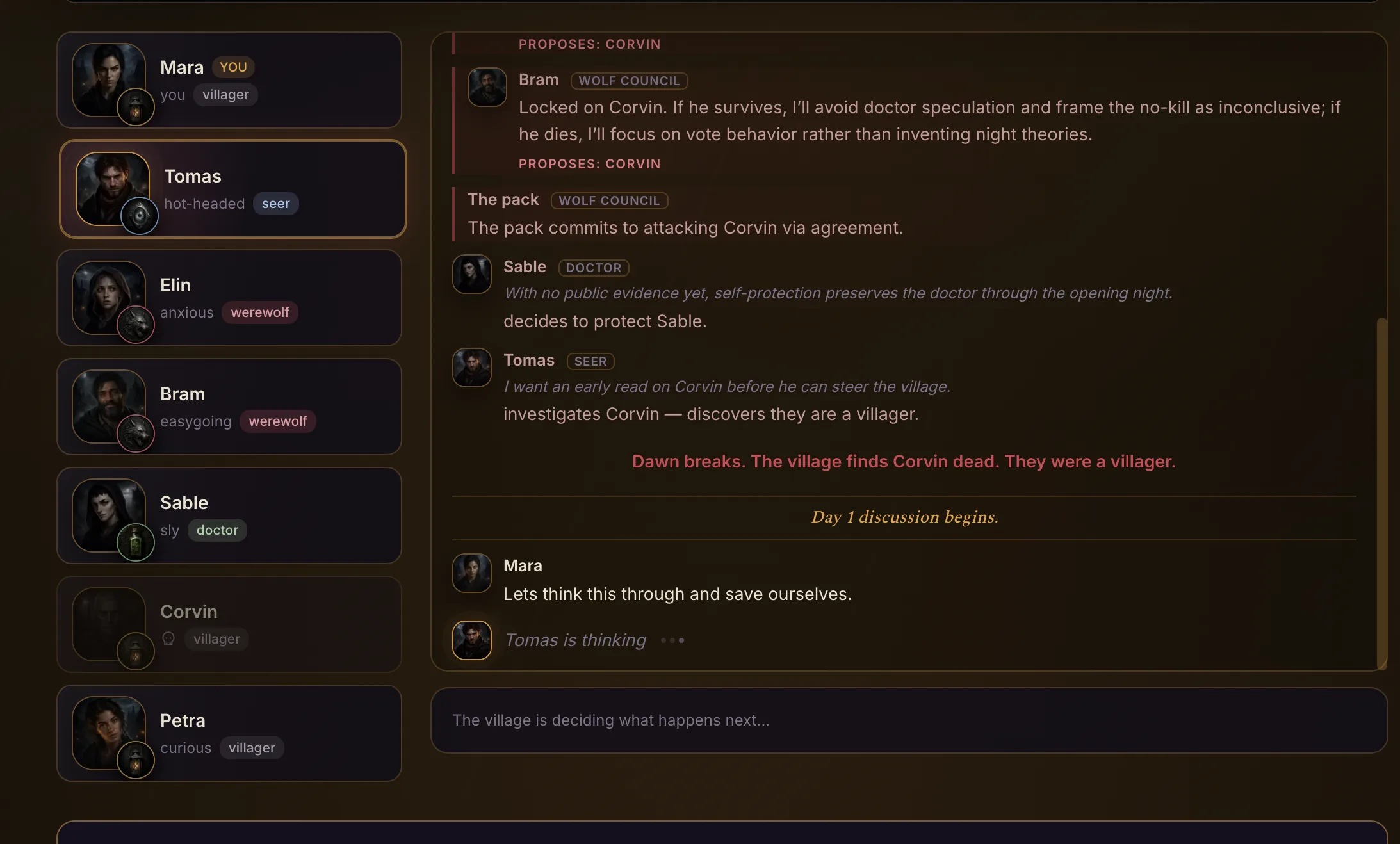Game council chat showing players, discussion, and human input.