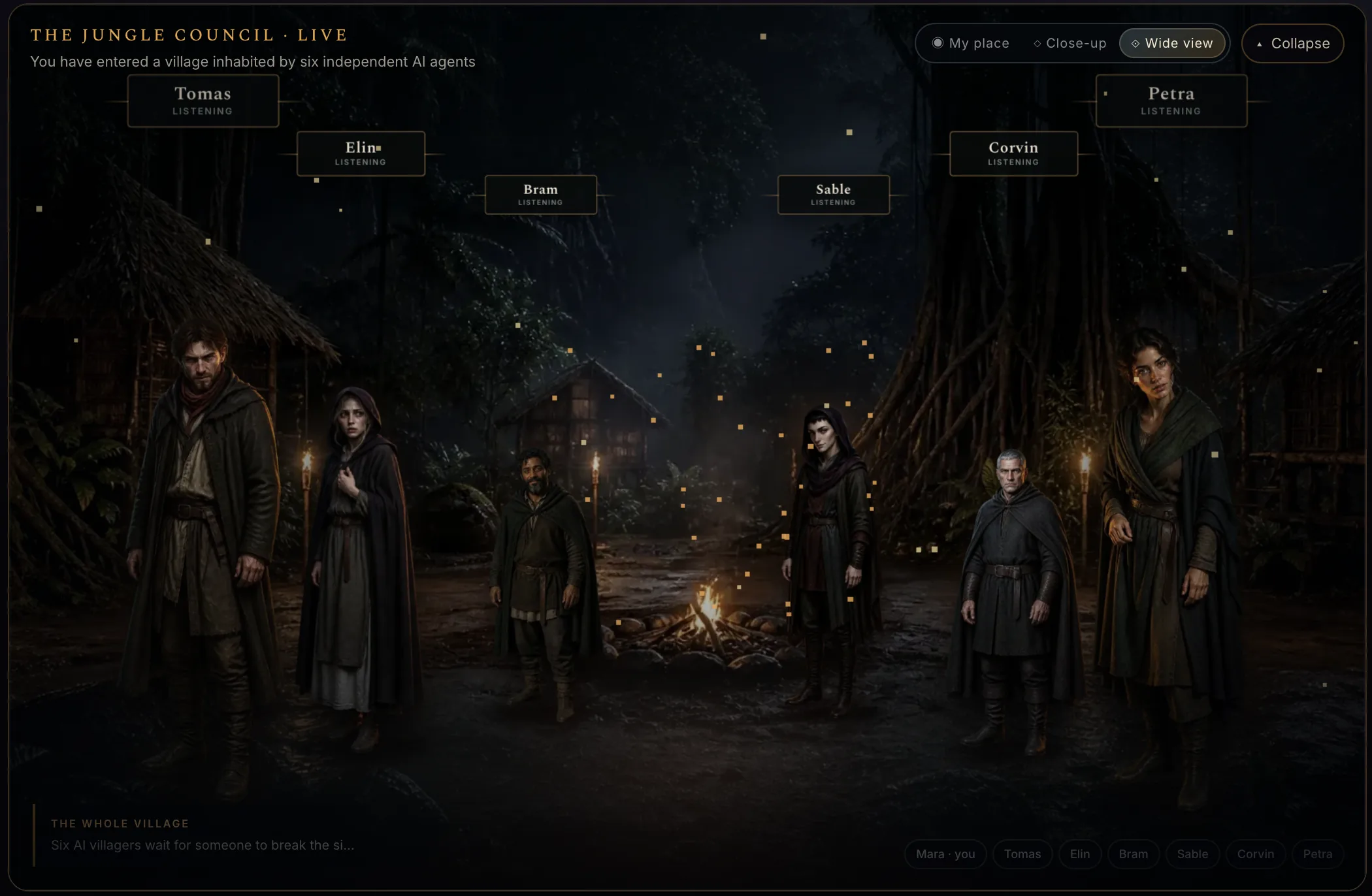 The live jungle council with human-like characters standing in a fictional village scene.