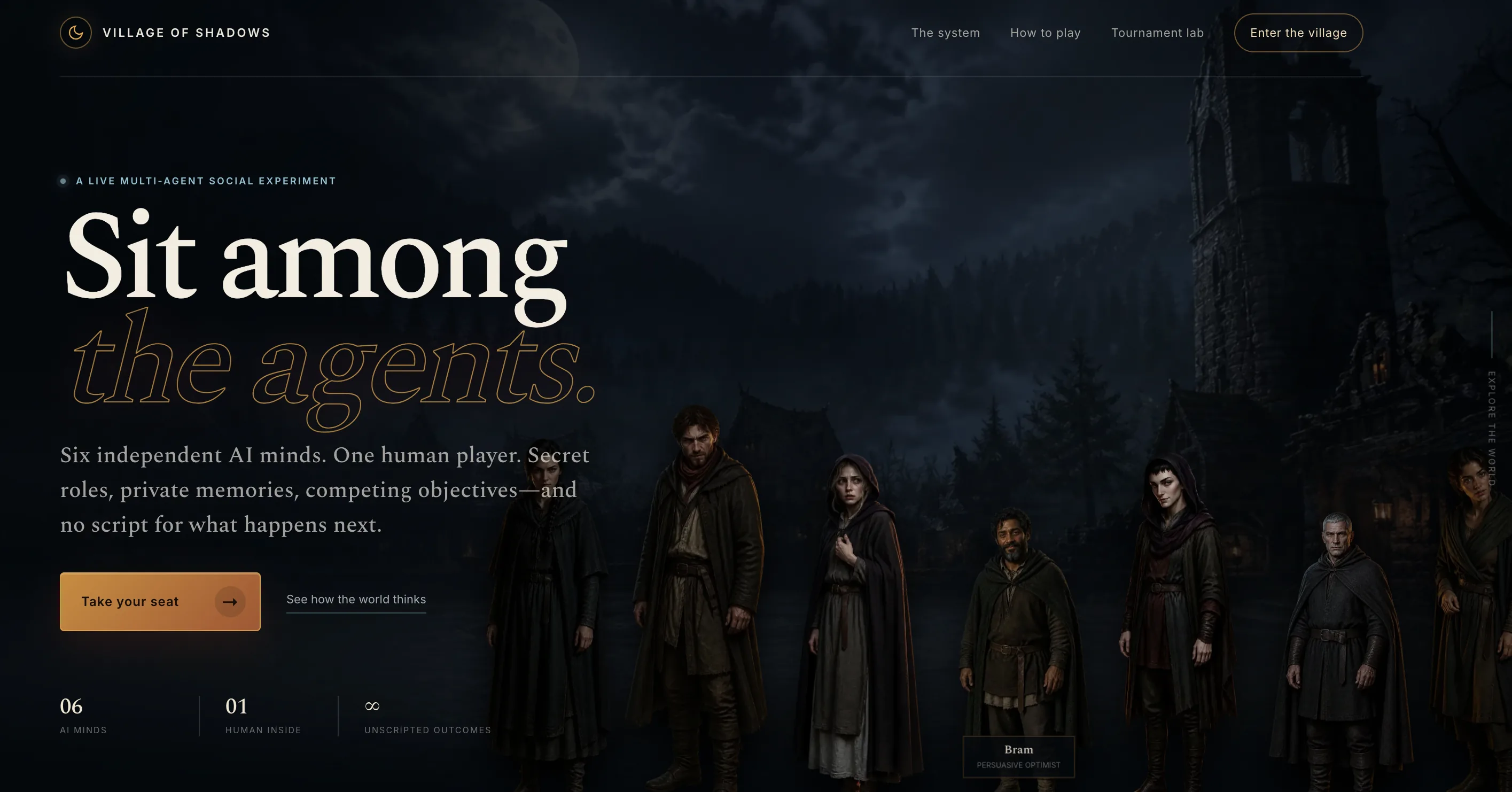 Village of Shadows landing page with human-like characters in a moonlit village.